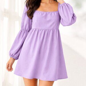 NEW XLURA Lavender Puff Sleeve Smocked Mini Dress Square Neck L
